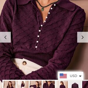 RIHOAS Deep Purple V-Neck Sweater with Pearl Details